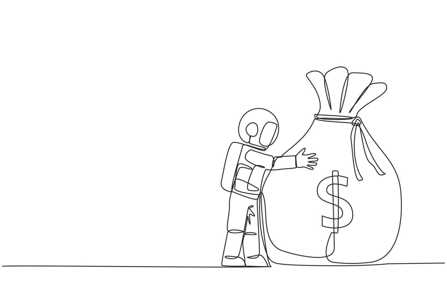 Single continuous line drawing young energetic astronaut hugging big money bag. Got very big profits from expeditionary travel into space. Cosmic galaxy deep space. One line design vector illustration