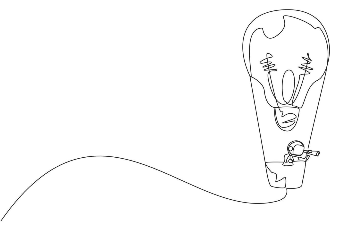Continuous one line drawing young energetic astronaut using monocular, flying with hot air balloon ligthbulb. Looking for idea during expedition. Cosmic. Single line draw design vector illustration