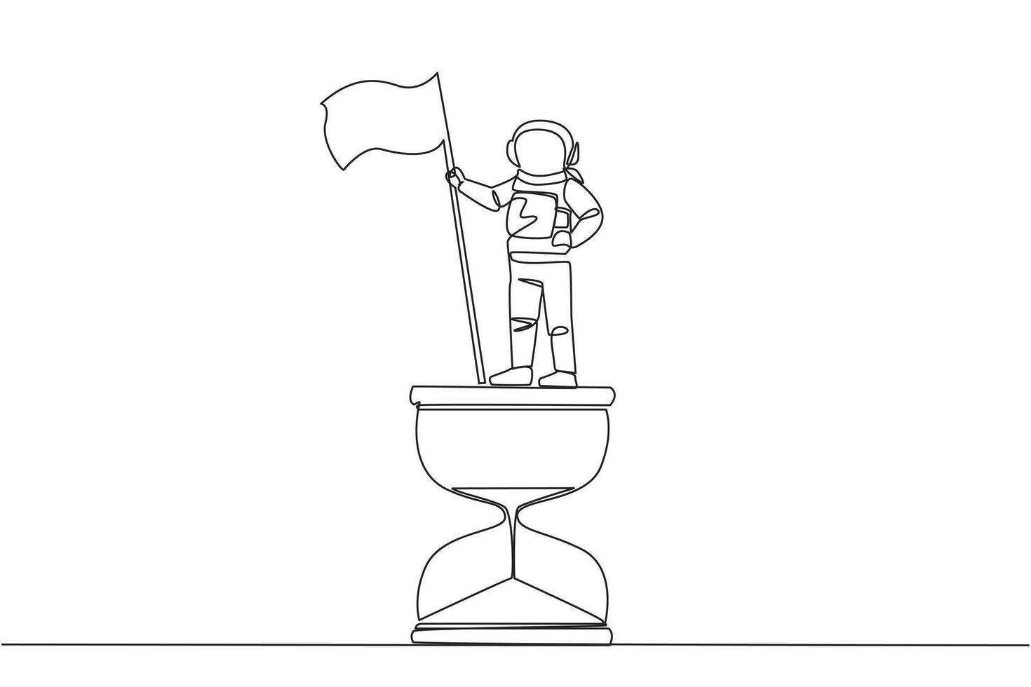 Continuous one line drawing young energetic astronaut standing on giant hourglass holding fluttering flag. Expedition on Mars is nearing the end of the work. Single line design vector illustration