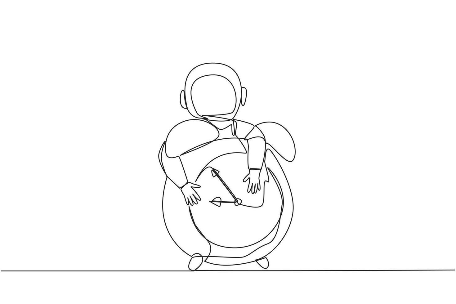Single one line drawing young energetic astronaut hugging alarm clock. Reminder, the space flight must been completed. Expedition data must be complete. Continuous line design graphic illustration vector