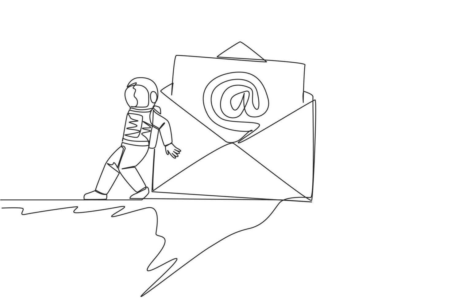 Single one line drawing astronaut pushed giant email icon down with back from the edge of cliff. Eliminate emails that distract the team during expeditions. Continuous line design graphic illustration vector