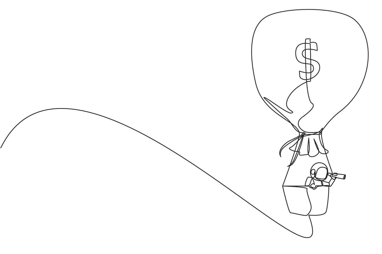 Single one line drawing young energetic astronaut using monocular, flying with hot air balloon money bag. Highlights to the moon surface. Galaxy deep space. Continuous line design graphic illustration vector