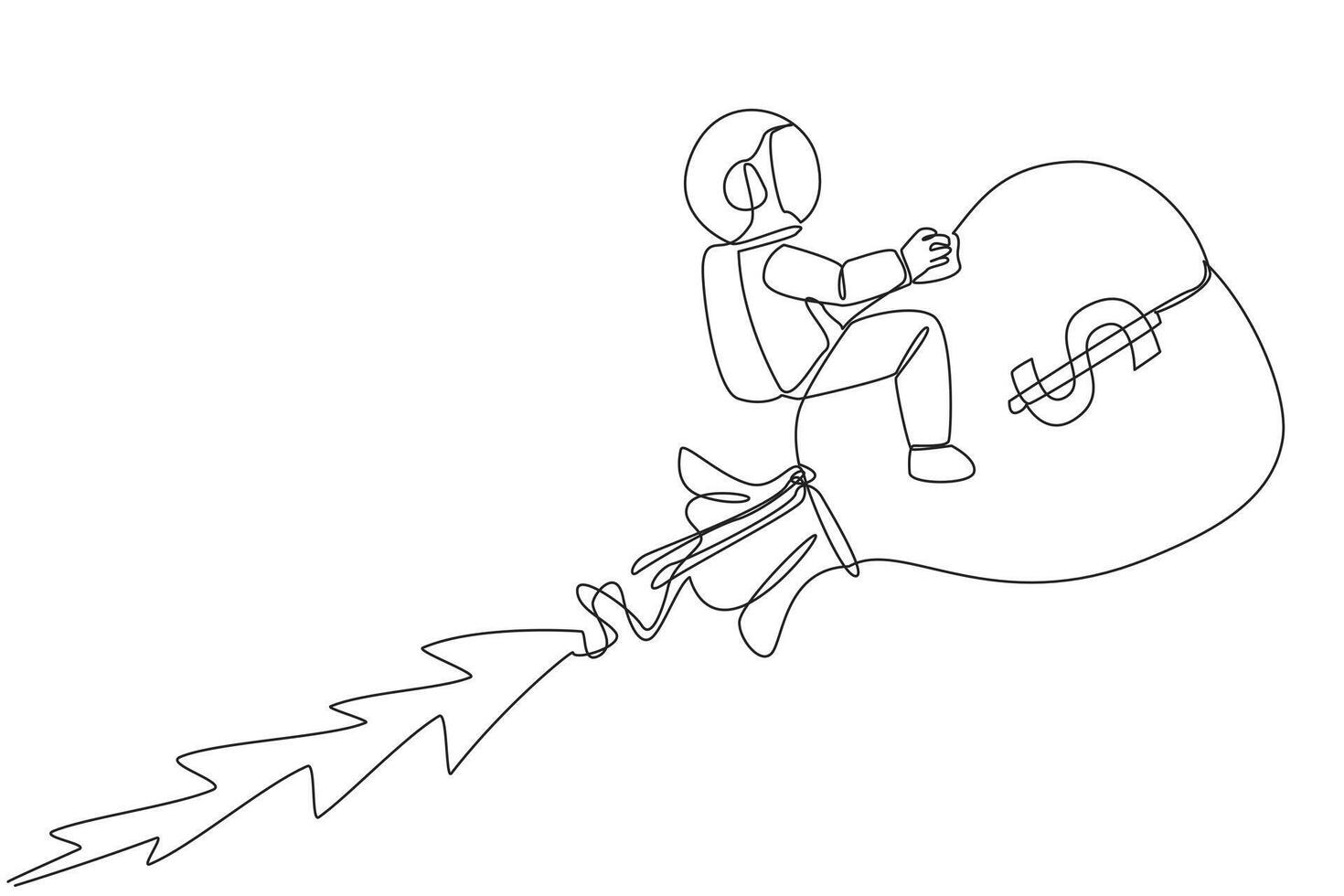 Single continuous line drawing astronaut ride on a money bag that looks like a rocket. Fly in space with the money bag. Wealthy astronaut. Cosmic galaxy deep space. One line design vector illustration