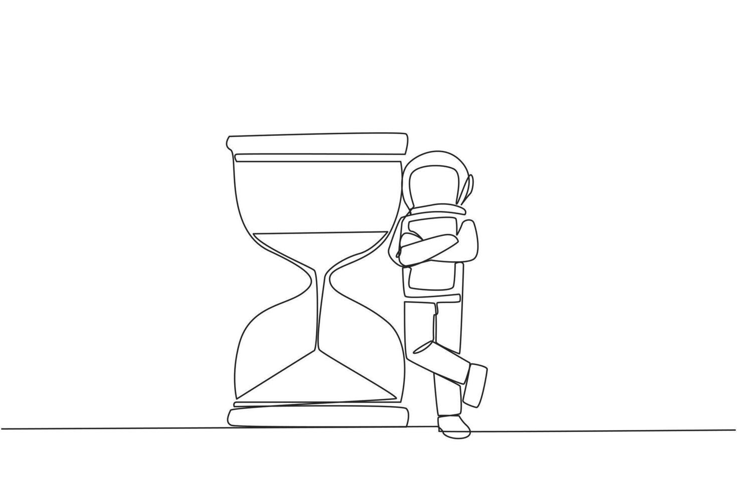 Continuous one line drawing young energetic astronaut lean on giant hourglass. Counting the waiting time for expedition to outer space. Galaxy deep space. Single line draw design vector illustration