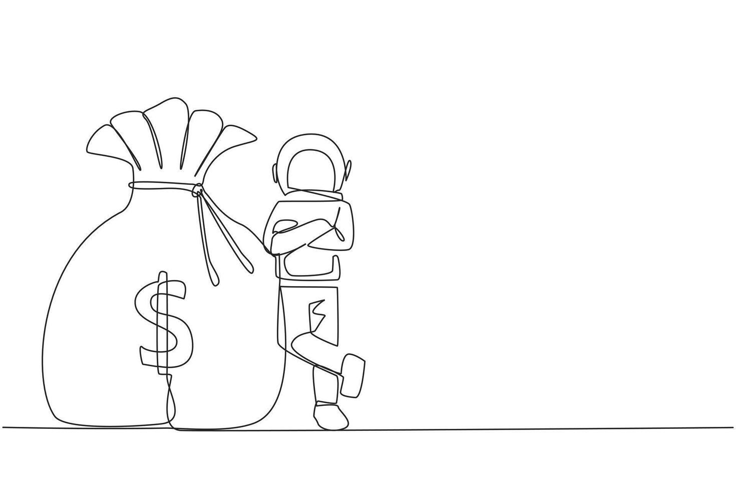 Single one line drawing young energetic astronaut lean on giant money bag. Shows the income received from the space industry. Cosmic galaxy deep space. Continuous line design graphic illustration vector