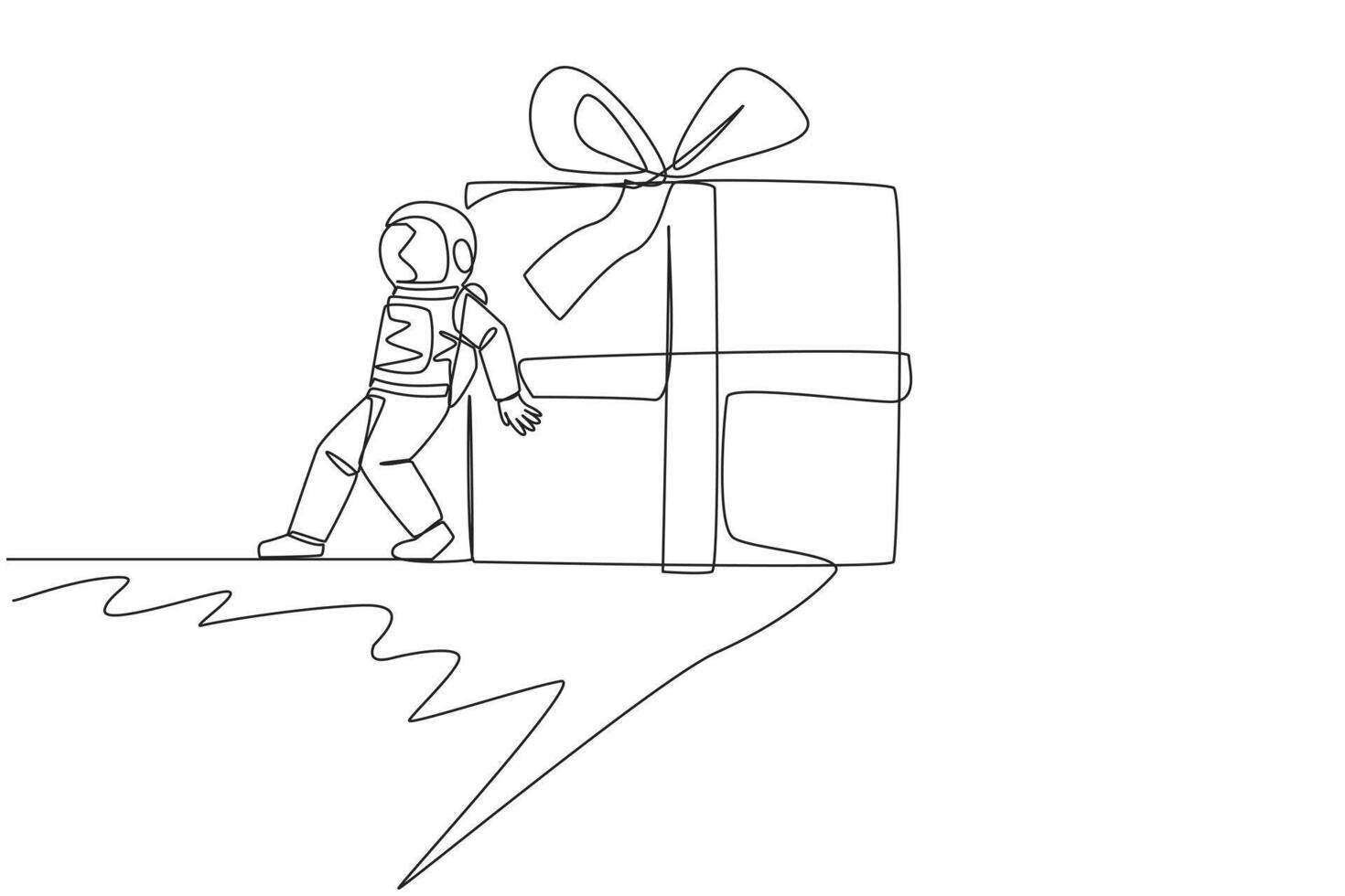 Continuous one line drawing astronaut pushed giant gift box down with his back from the edge of the cliff. Cosmic galaxy space concept. Spaceman. Cosmonaut. Single line draw design vector illustration
