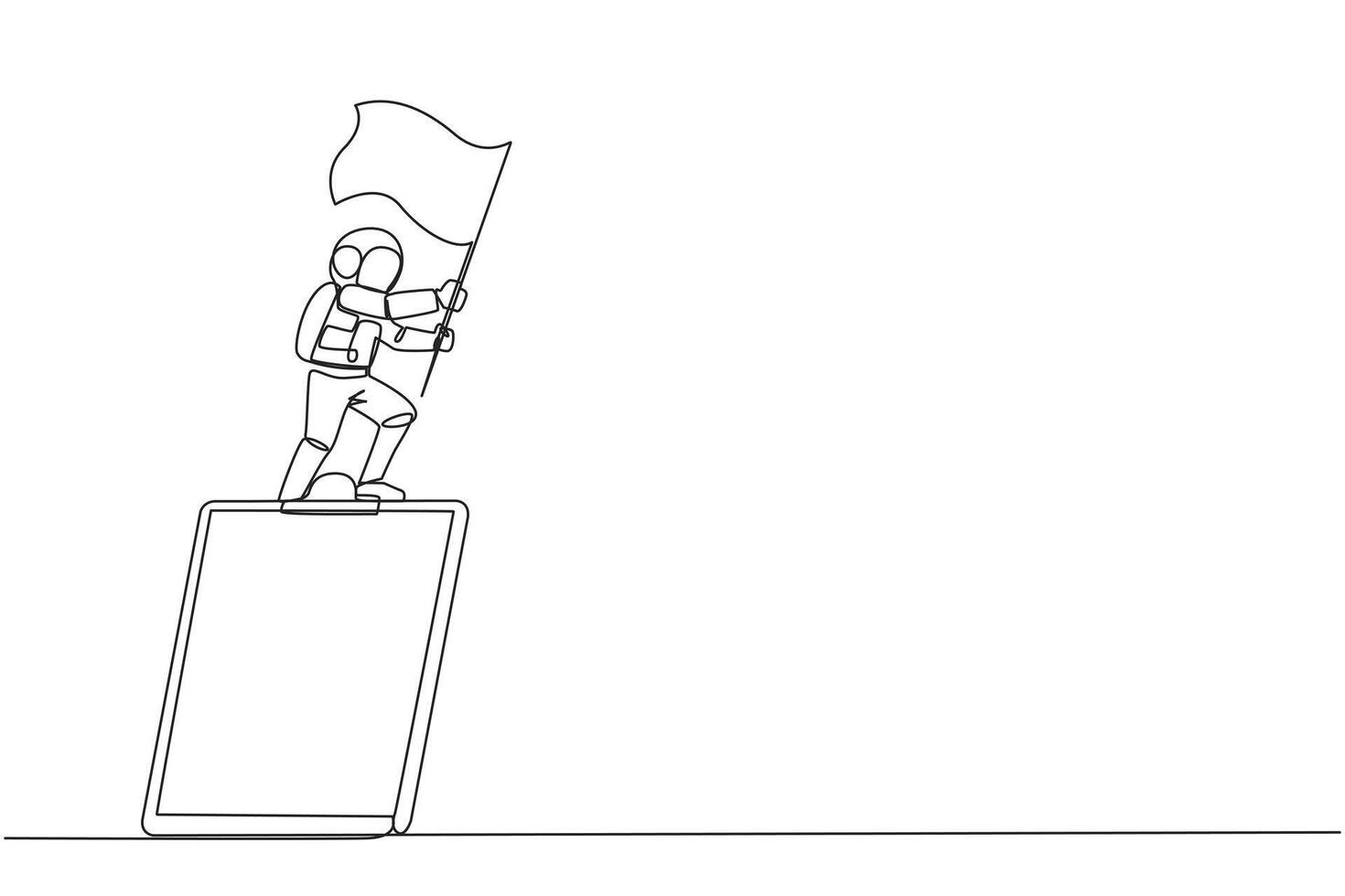 Single one line drawing young energetic astronaut standing on giant clipboard holding fluttering flag. He re-check his work before returning to the earth. Continuous line design graphic illustration vector