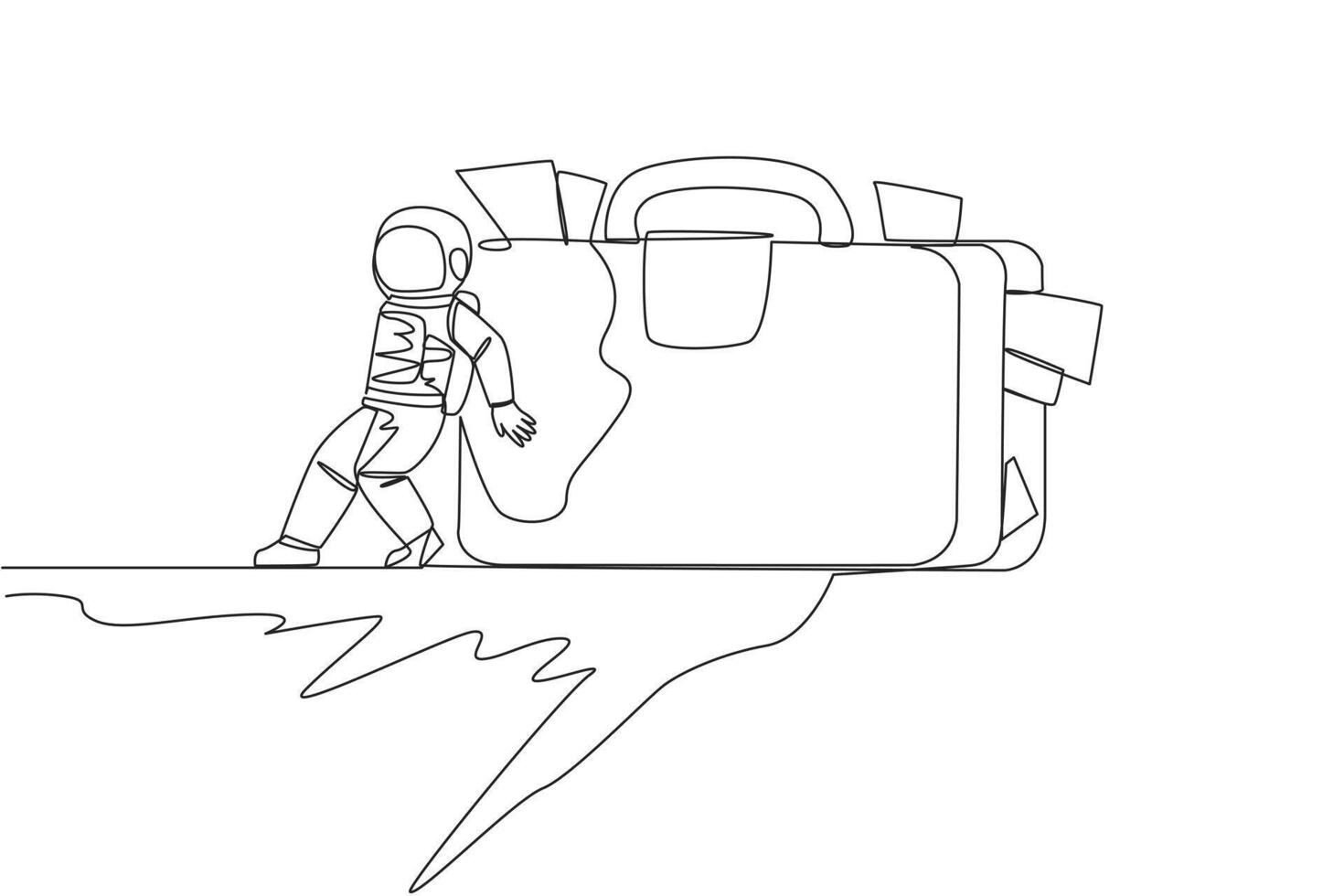 Single one line drawing astronaut pushed giant briefcase down with his back from the edge of a cliff. Tough man in outer space. Cosmic galaxy space concept. Continuous line design graphic illustration vector