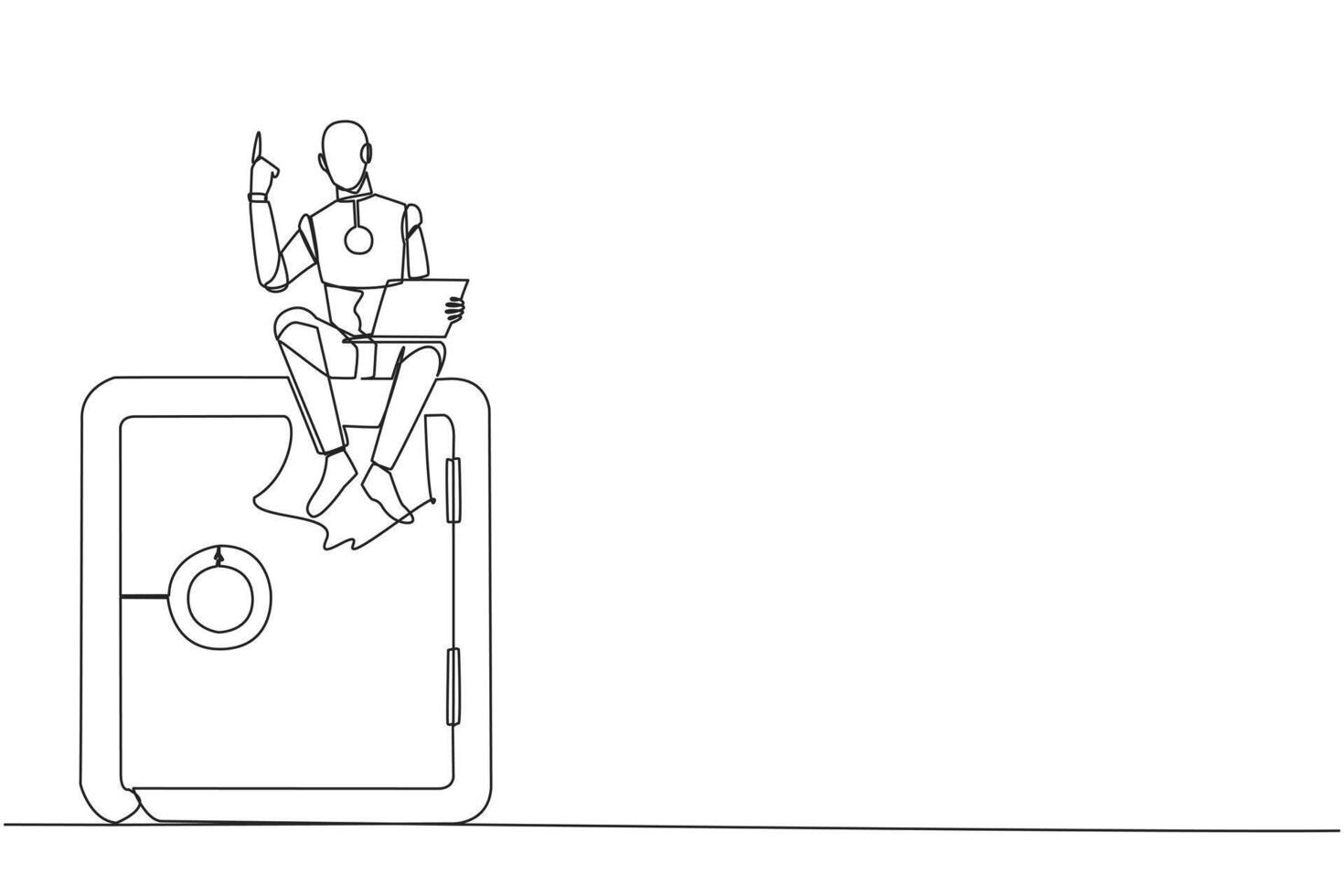 Single one line drawing robotic artificial intelligence sitting on giant safe deposit box holding laptop raise one hand. Robots also have a role to guard valuable items. Continuous line design graphic vector