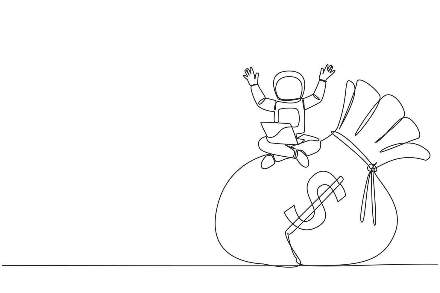 Continuous one line drawing young astronaut sitting on giant money bag holding laptop raise both hands. Keep lots of money in the bag for next expedition. Single line draw design vector illustration