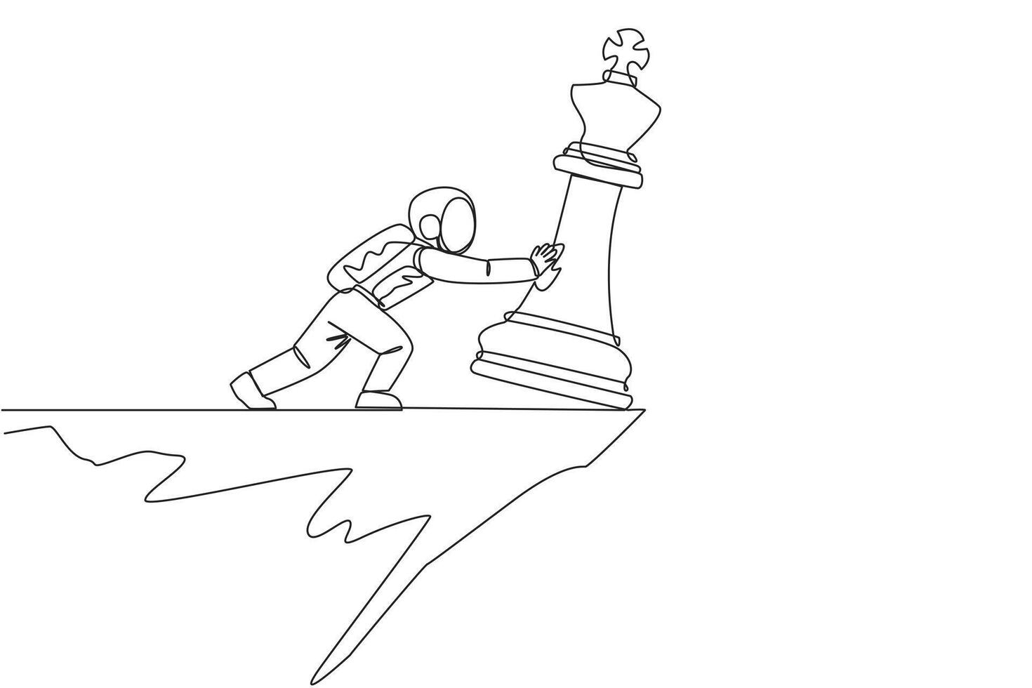 Single one line drawing astronaut pushes giant chess piece of king over the edge of a cliff. Lost leader during an expedition on the lunar surface. Cosmic. Continuous line design graphic illustration vector