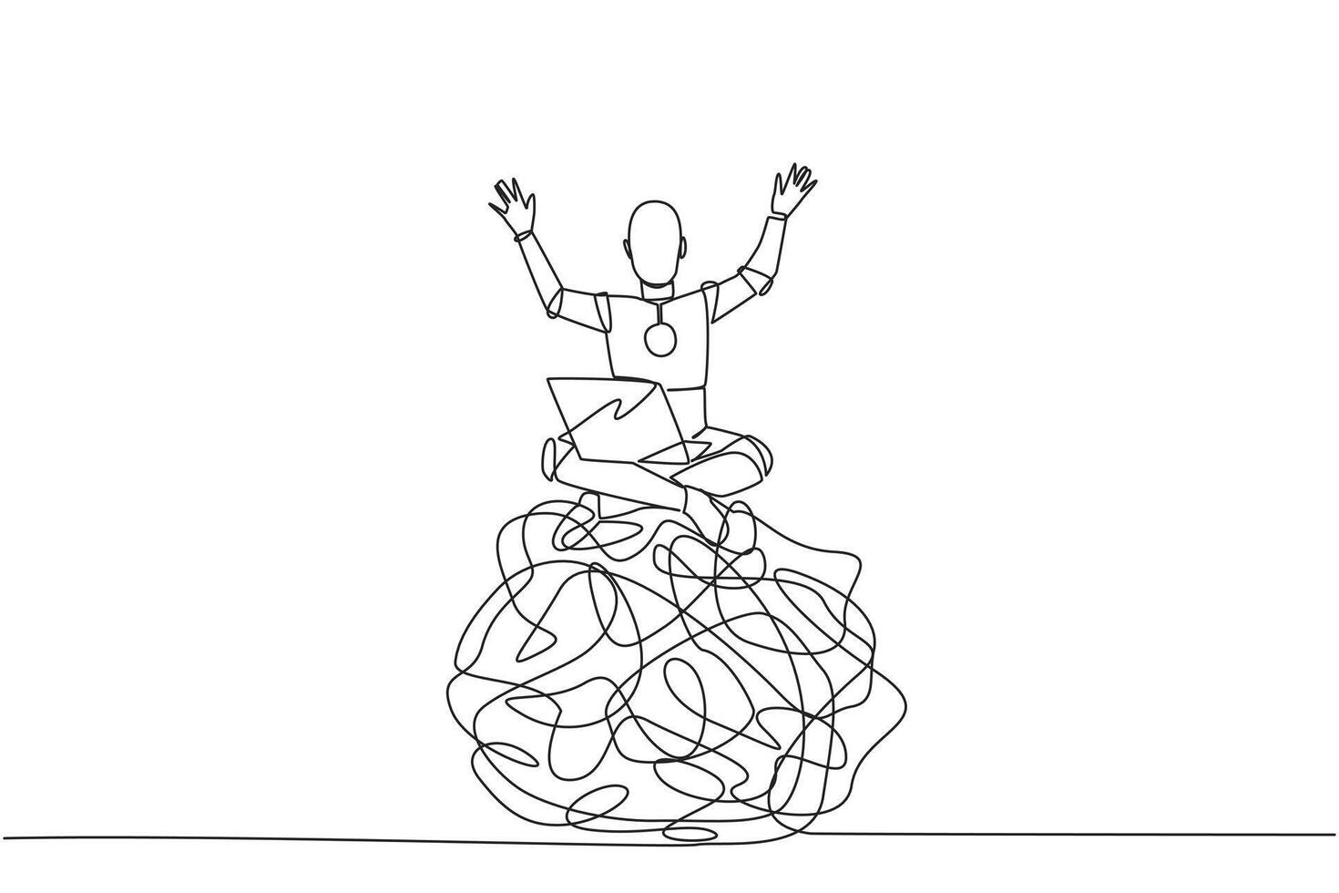 Single one line drawing robotic artificial intelligence sitting on giant tangled circle holding laptop raise both hands. Anti-anxiety robot. Future tech. Continuous line design graphic illustration vector