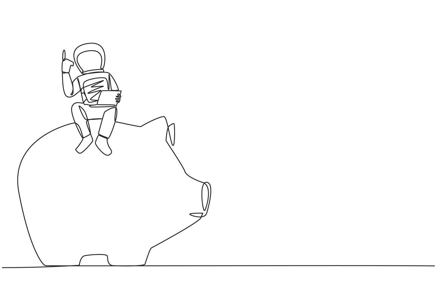 Single one line drawing young astronaut sitting on giant piggy bank holding laptop raise one hand. Saving up money for the next expedition. Galaxy cosmic. Continuous line design graphic illustration vector