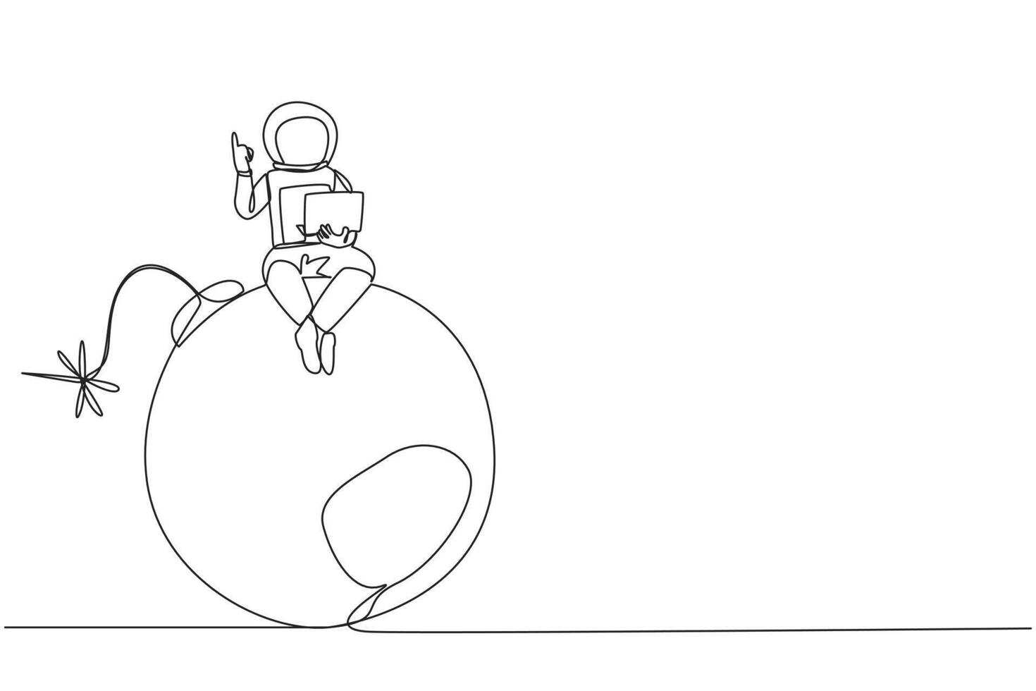 Single continuous line drawing young astronaut sitting on large bomb with a burning fuse holding laptop raise one hand. Reckless expeditions jeopardize research. One line design vector illustration