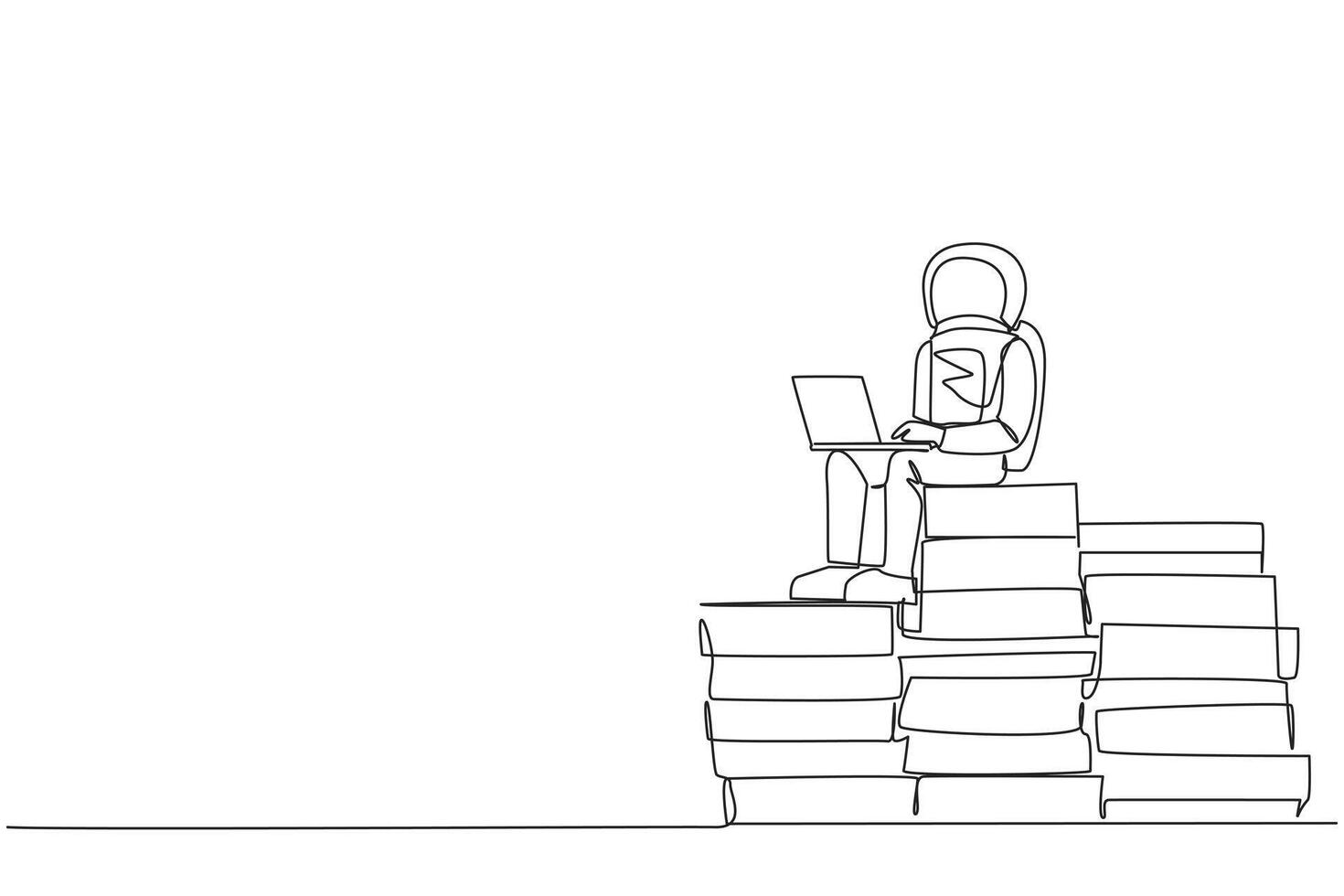 Single one line drawing young energetic astronaut sitting on pile of giant papers typing laptop. Write daily notes during the expedition. Galaxy space. Continuous line design graphic illustration vector