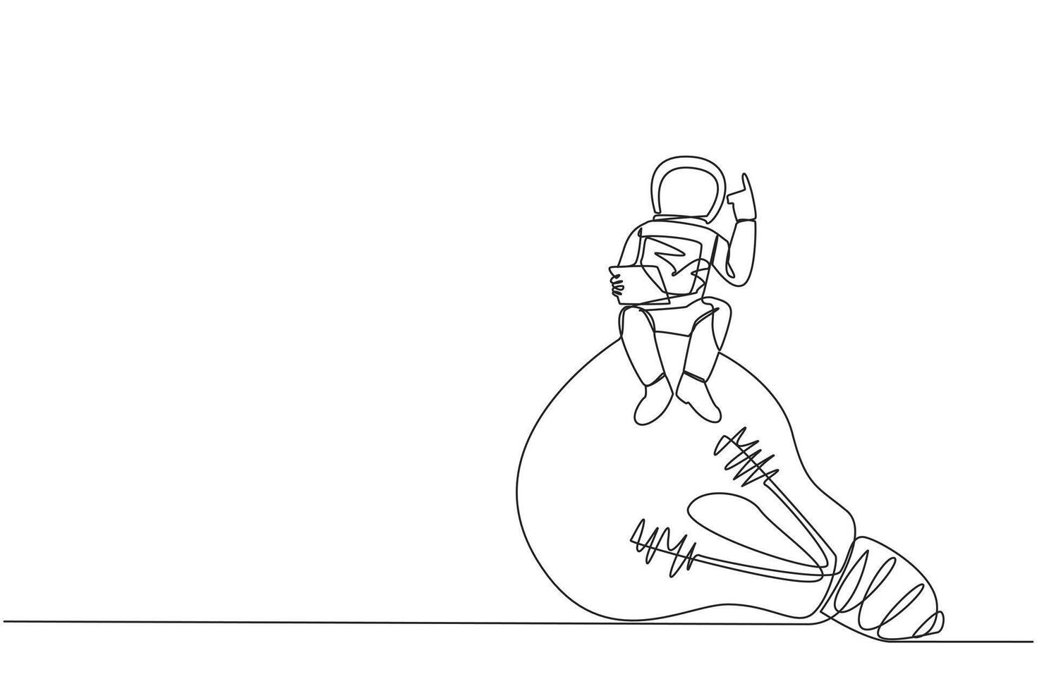 Continuous one line drawing young astronaut sitting on giant lightbulb holding laptop raise one hand. A gesture has the latest brilliant idea for an expedition. Single line draw vector illustration