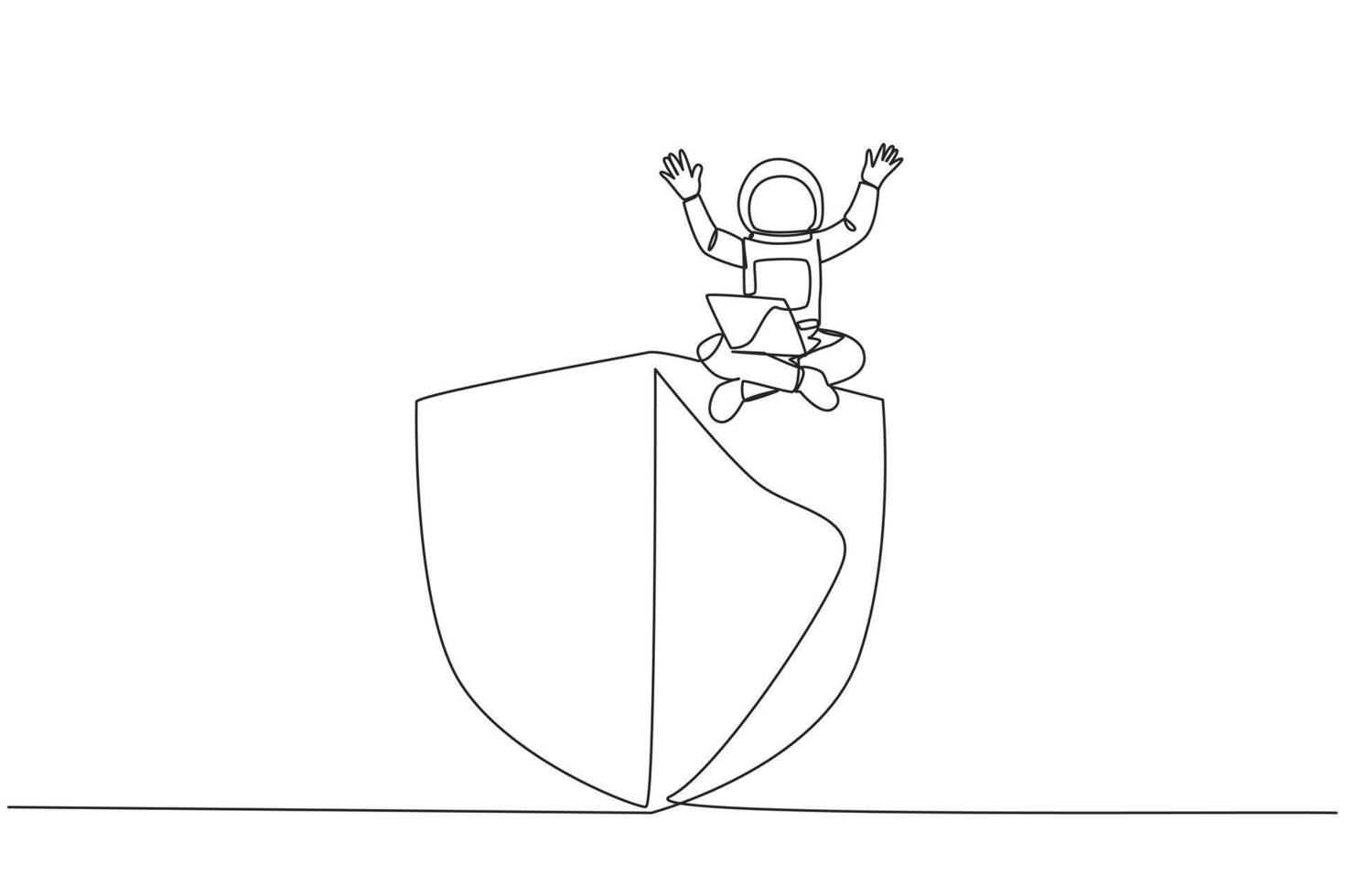 Continuous one line drawing young energetic astronaut sitting on giant shield holding laptop raise both hands. Managed to add protection before any damage would occur. Single line draw design vector