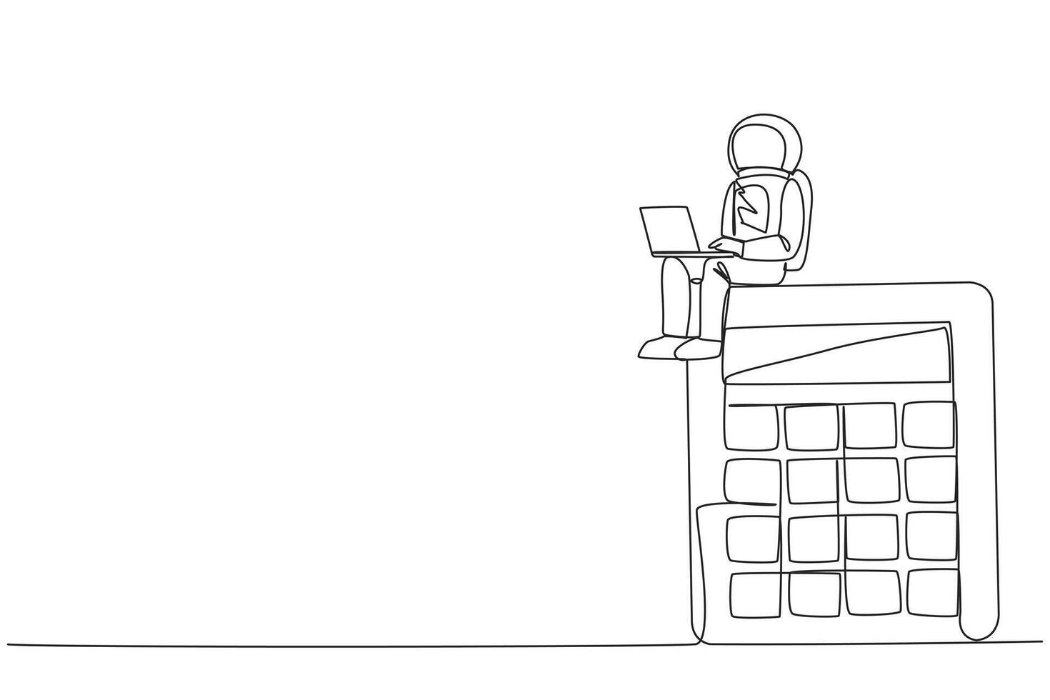 Single one line drawing young energetic astronaut sitting on giant calculator typing laptop. Accountant astronaut doing accounting on the surface of moon. Continuous line design graphic illustration vector