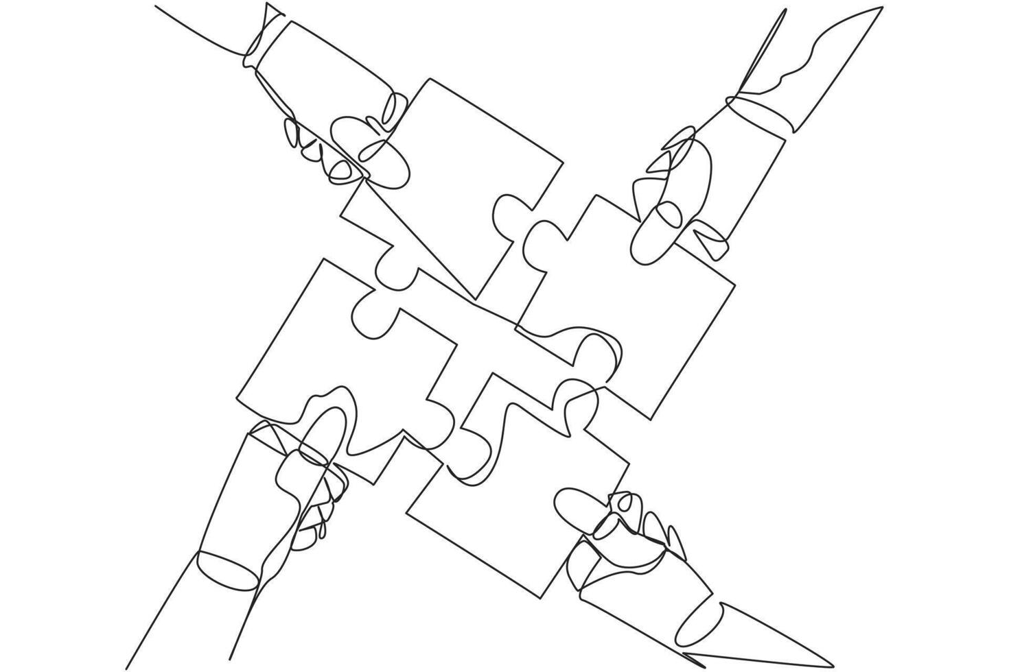 Continuous one line drawing four robot hands holding a puzzle piece each other. Doing teamwork to assemble puzzle pieces into one shape. Future AI tech. Single line draw design vector illustration
