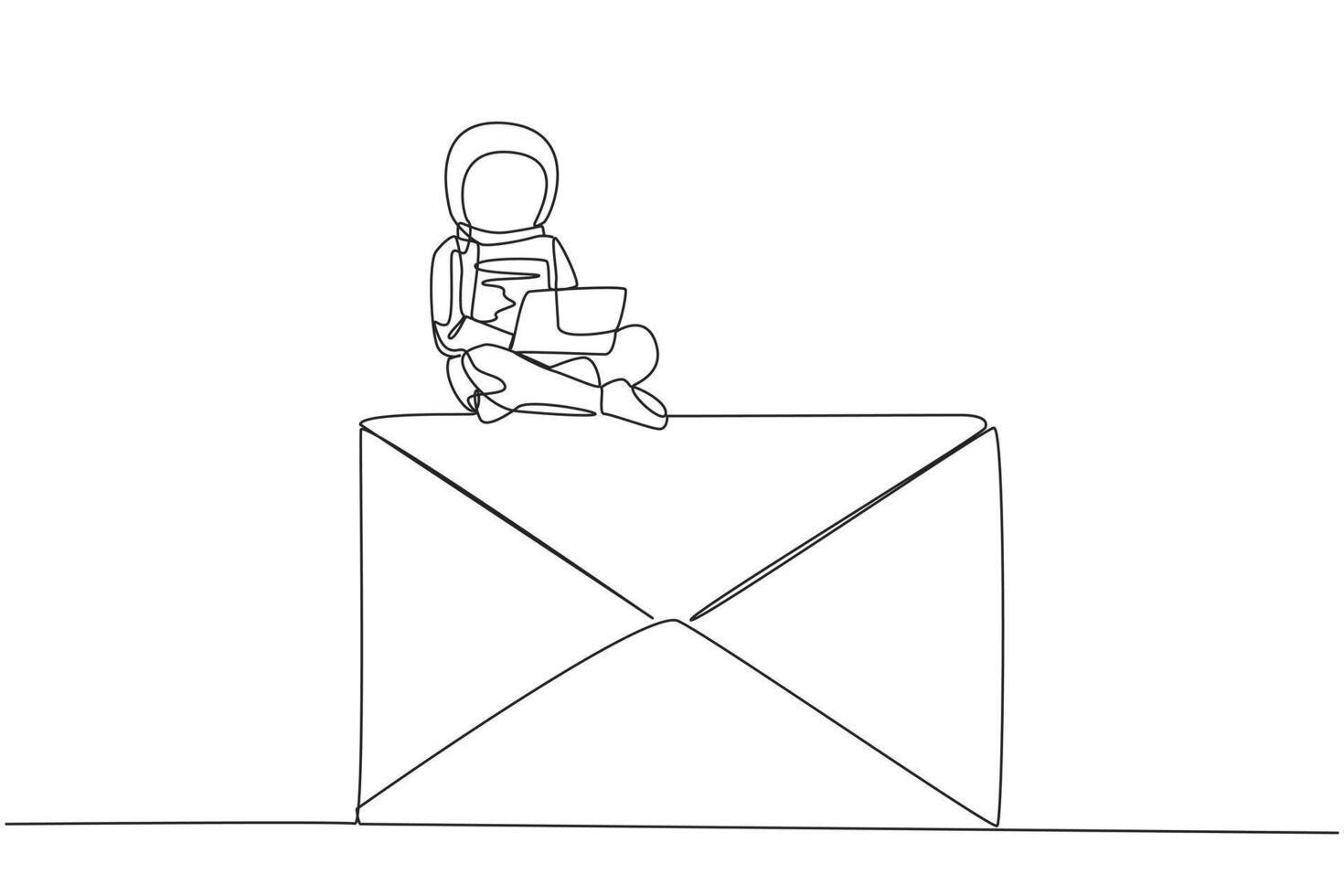 Single continuous line drawing young astronaut sitting on giant email typing laptop. Send invitations to meet online with the team on earth discussing expedition. One line design vector illustration