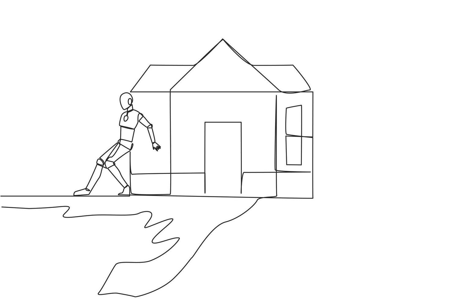 Continuous one line drawing robot pushes miniature house down with its back from the edge of the cliff. Robot training house. Future technology development. Single line draw design vector illustration