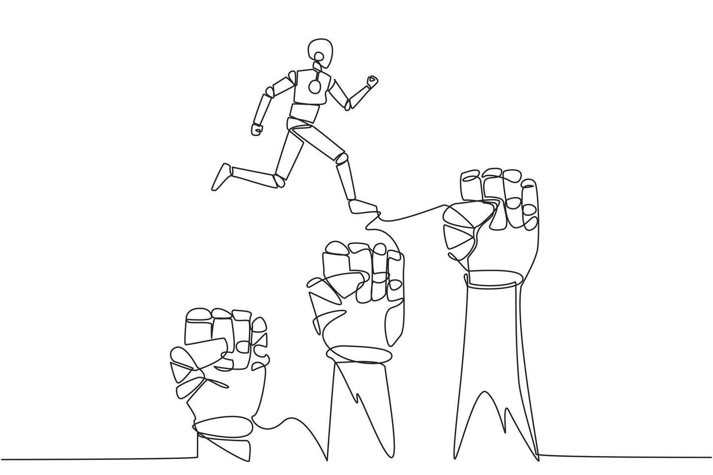 Continuous one line drawing robotic running leaping over three large clenched fists. Teamwork managed to get through bigger challenges. Future technology. Single line draw design vector illustration