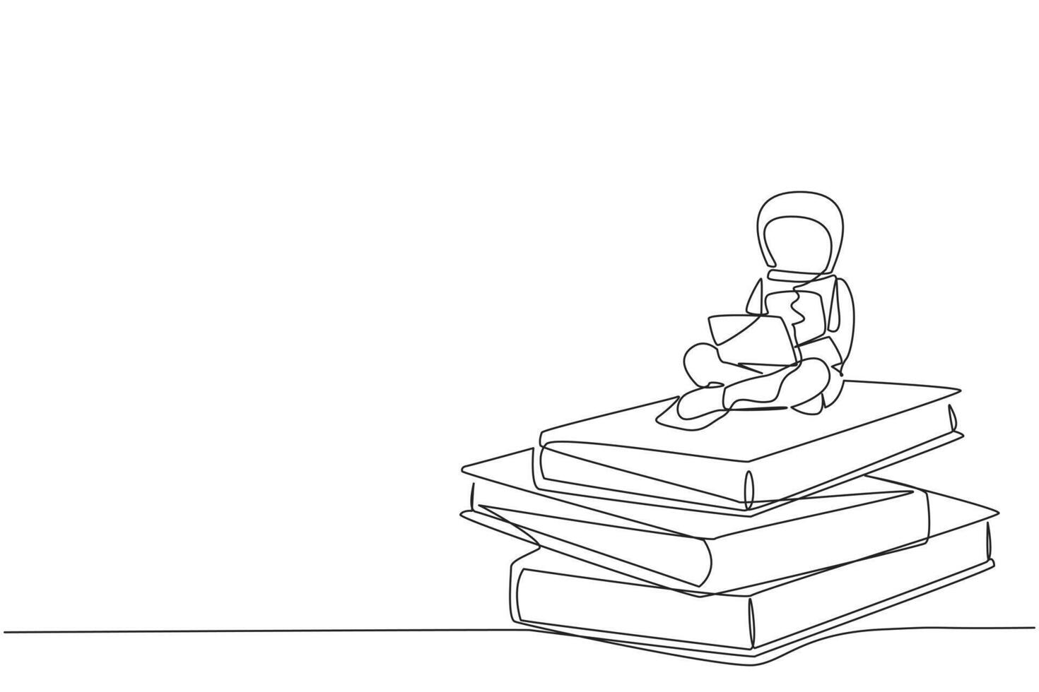 Single one line drawing young energetic astronaut sitting on stack of giant books typing laptop. Expedition problem in the database. Galaxy cosmic outer space. Continuous line graphic illustration vector