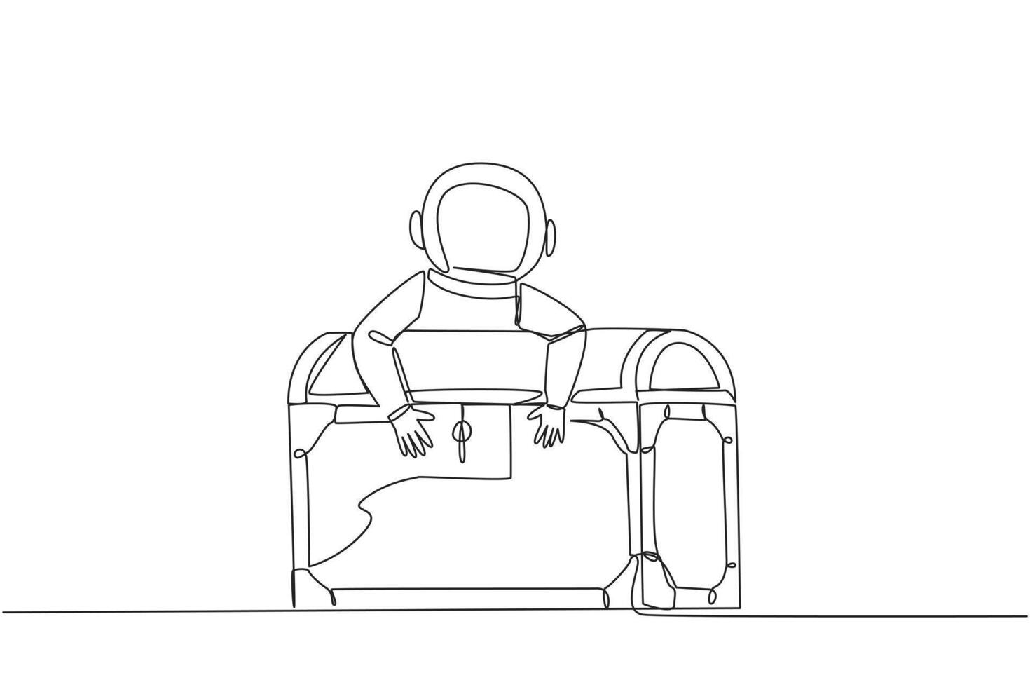 Single continuous line drawing young astronaut hugging treasure chest. Securing the chest, because there could be a lot of gold pieces inside. Richest astronaut. One line design vector illustration