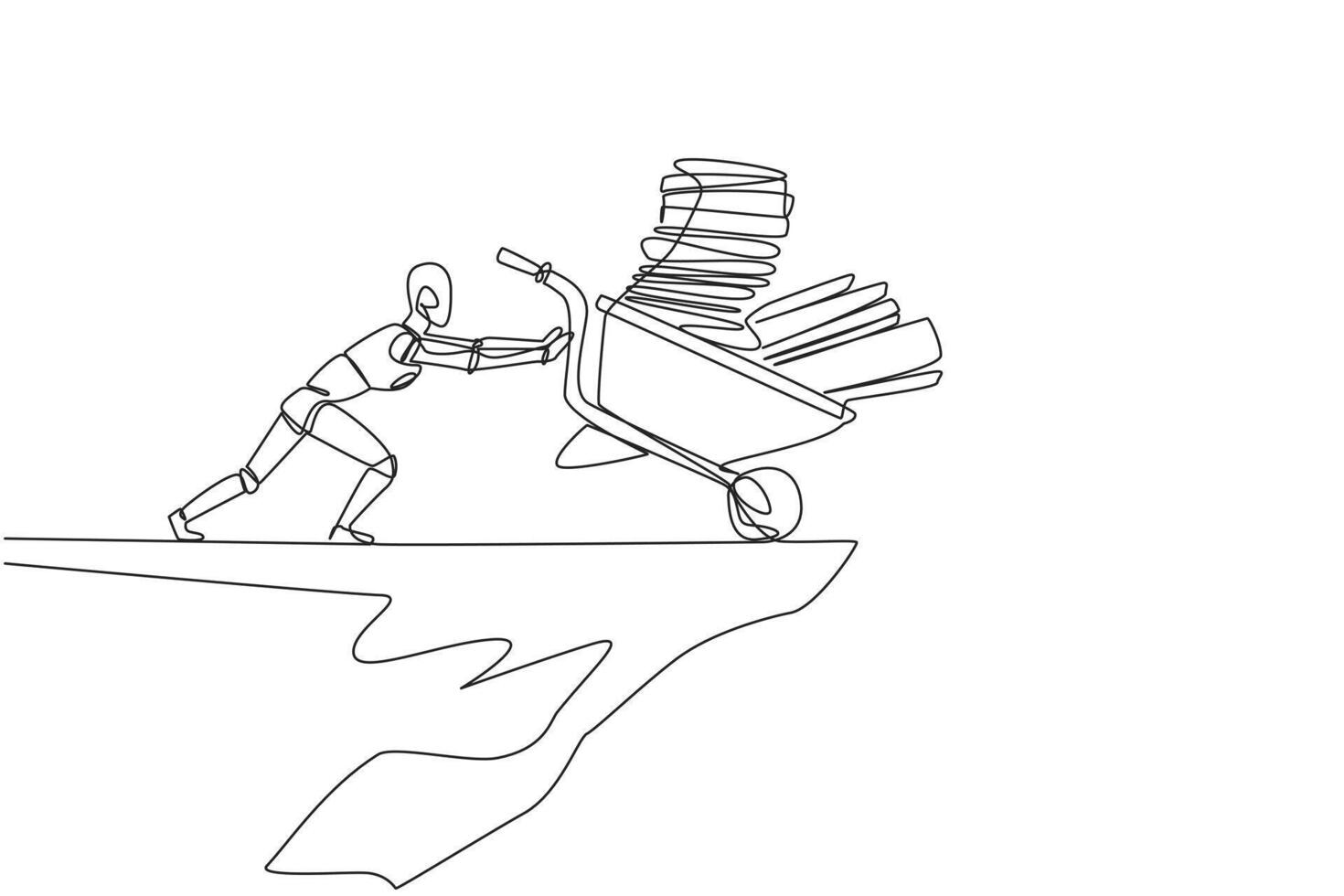 Single continuous line drawing robot pushes a wheelbarrow filled with piles of paper and binders down from the edge of the cliff. Robotic artificial intelligence. One line design vector illustration