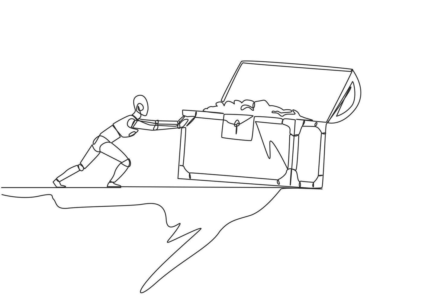 Continuous one line drawing robot pushes open giant treasure chest down from the edge of the cliff. Robot isn't greedy. Future robotic development concept. Single line draw design vector illustration