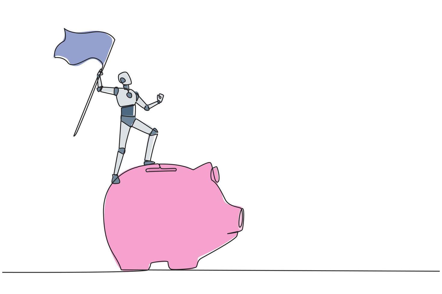 Single continuous line drawing of robotics artificial intelligence standing on giant piggy bank holding a fluttering flag. Robot invites to invest for business balance. One line vector illustration