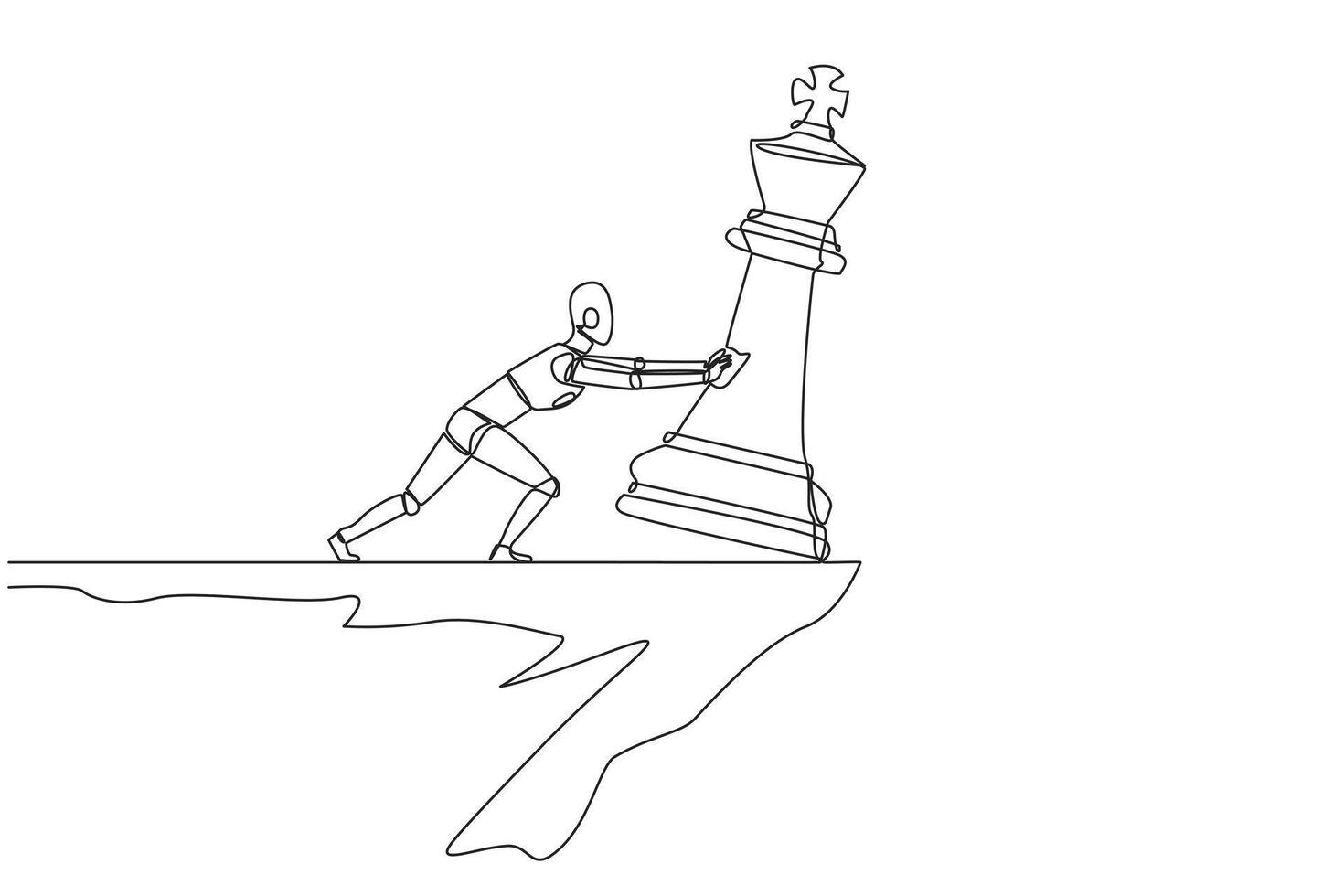 soltero continuo línea dibujo robot empuja abajo un grande ajedrez pedazo de Rey desde el borde de un acantilado. el colapso de el último rey. futuro tecnología concepto. uno línea diseño vector ilustración