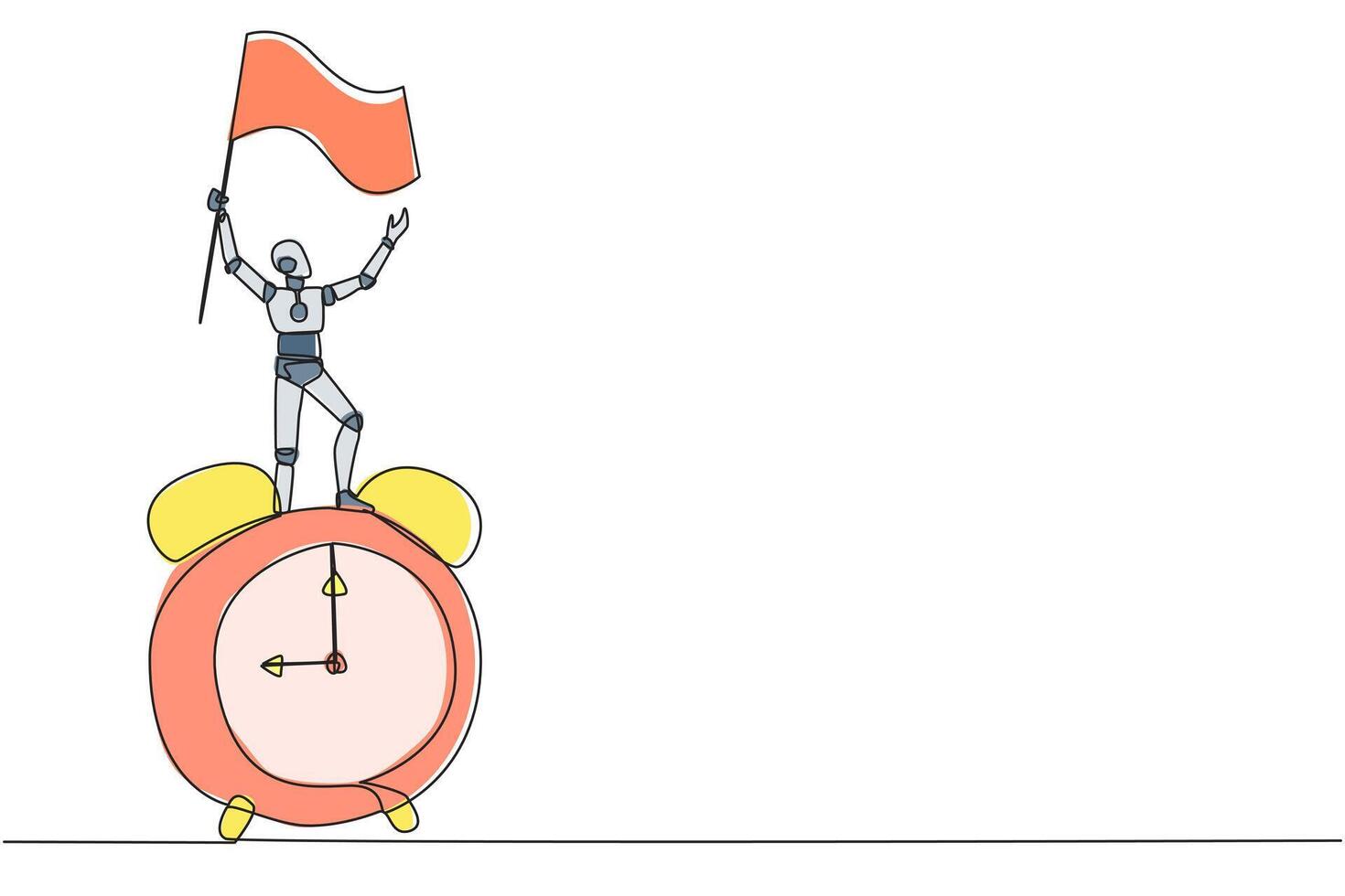 Single continuous line drawing of robotic artificial intelligence standing on giant alarm clock holding fluttering flag. Future technology development concept. One line design vector illustration