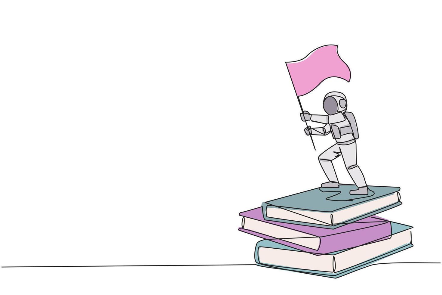 Continuous one line drawing young astronaut standing on stack of giant books holding fluttering flag. Collect scientific journals as a guide during space expeditions. Single line draw design vector