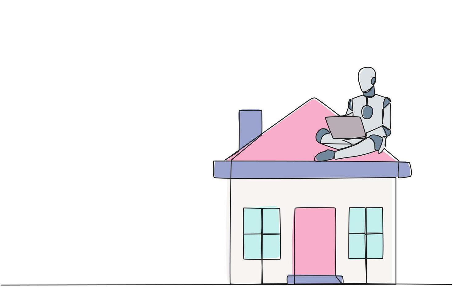 Single continuous line drawing robotic artificial intelligence sitting on miniature house typing laptop. Marketing division robot. Selling houses via internet and social media. One line design vector