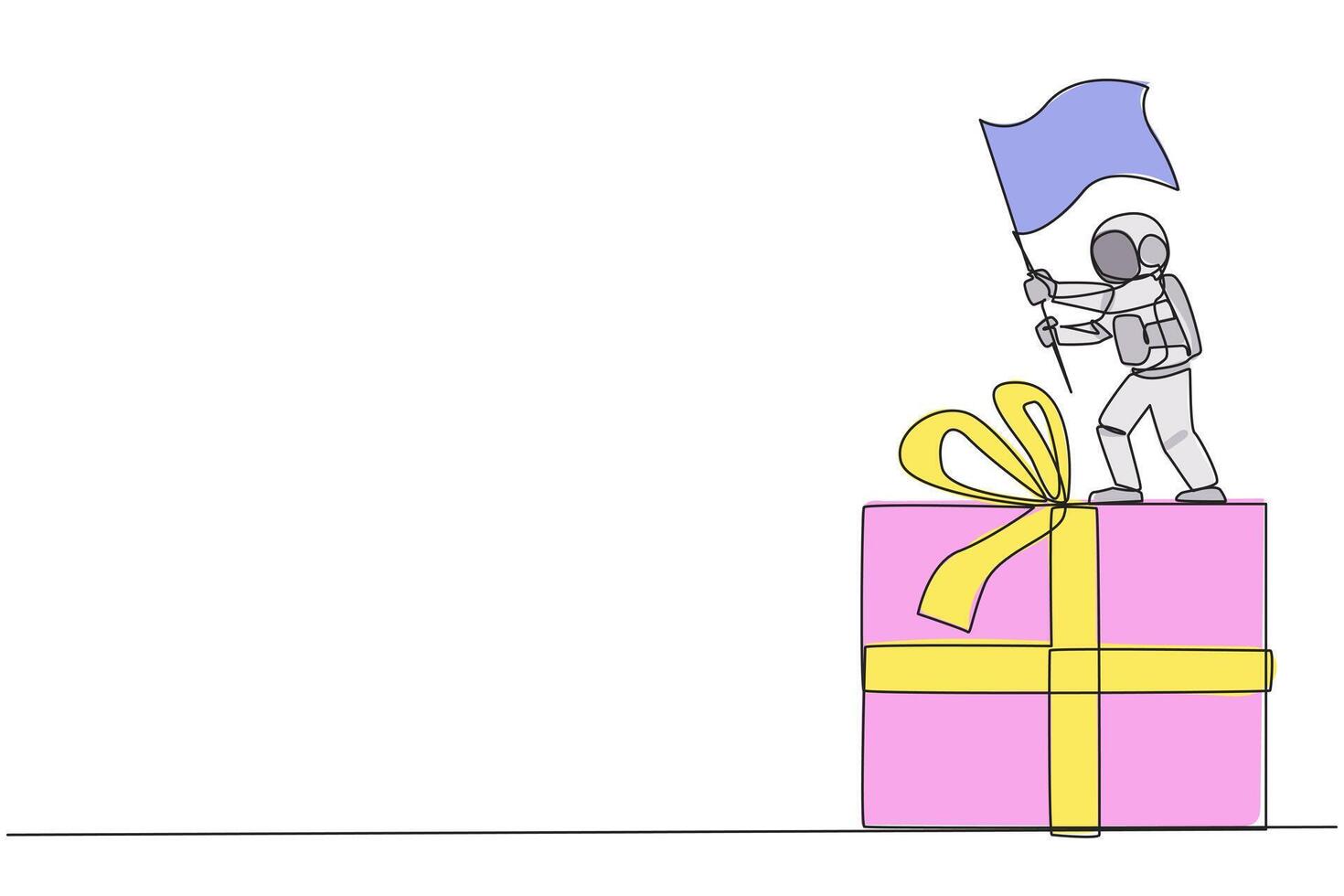 Single continuous line drawing young energetic astronaut standing on giant gift box holding fluttering flag. Bring gifts containing space materials for the team on earth. One line vector illustration