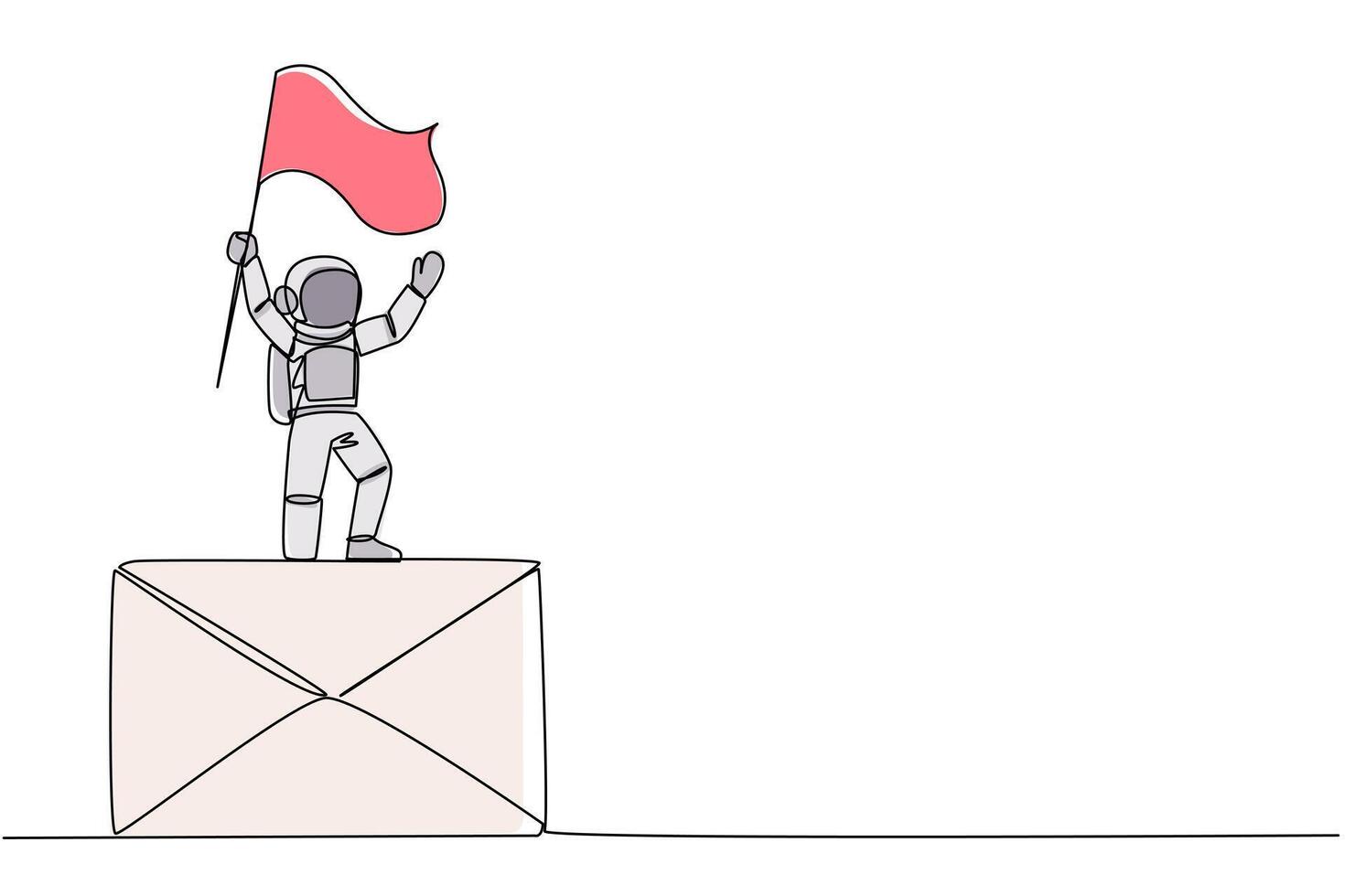 Single one line drawing young astronaut standing on giant email icon holding fluttering flag. Received an email from the team on earth to quickly complete expedition. Continuous line design graphic vector