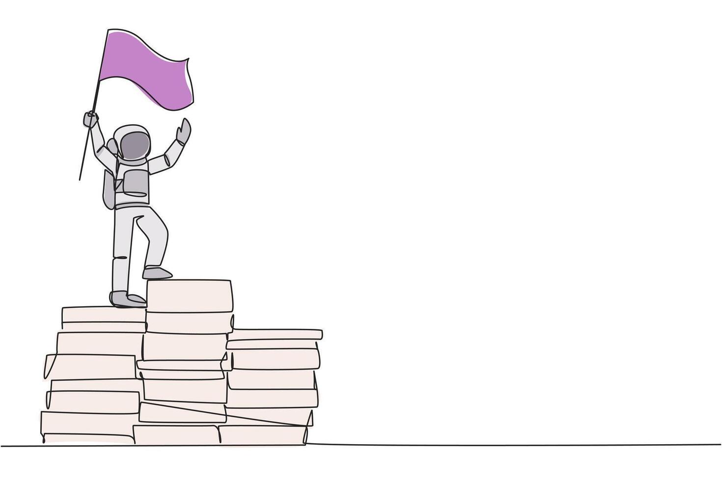 Single continuous line drawing young energetic astronaut standing on giant pile of papers holding fluttering flag. A successful journey retold on paper. Cosmonaut. One line design vector illustration