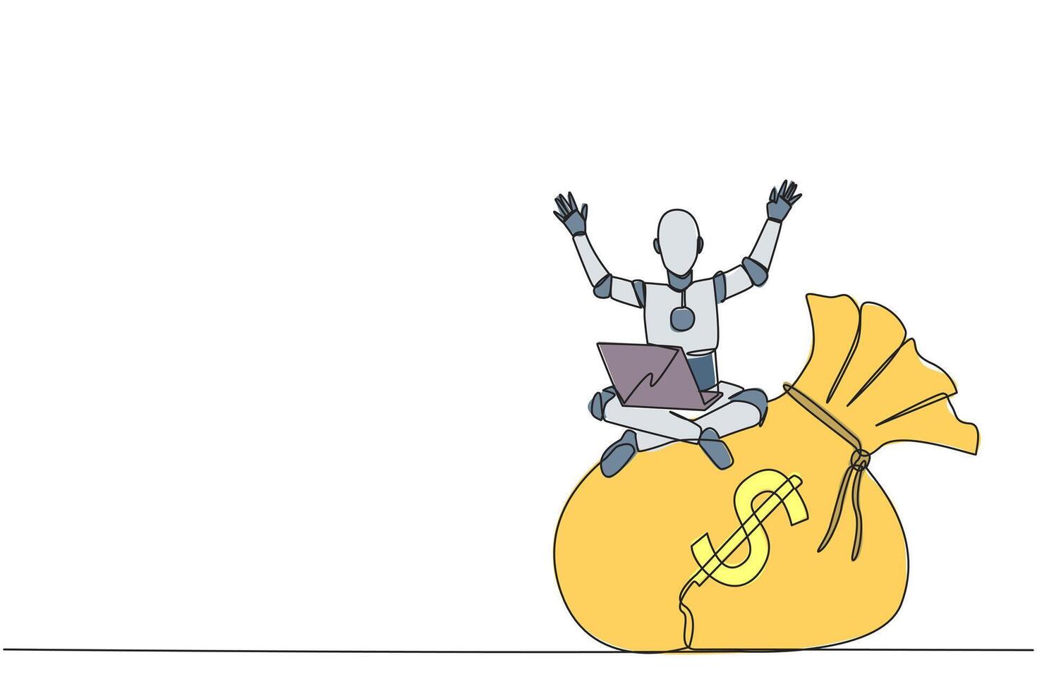 Single continuous line drawing robotic artificial intelligence sitting on giant money bag holding laptop raise both hands. Successful robotic. Future technology. One line design vector illustration