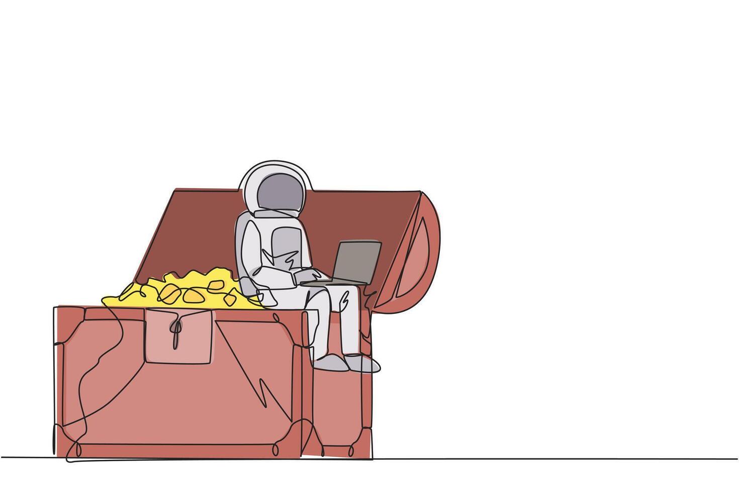 Single continuous line drawing young energetic astronaut sitting on open giant treasure chest typing laptop. Finding treasure chests on the surface of the moon. One line design vector illustration
