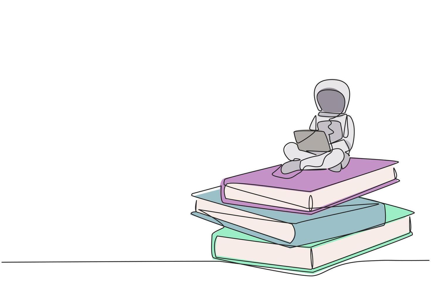 Single one line drawing young energetic astronaut sitting on stack of giant books typing laptop. Expedition problem in the database. Galaxy cosmic outer space. Continuous line graphic illustration vector