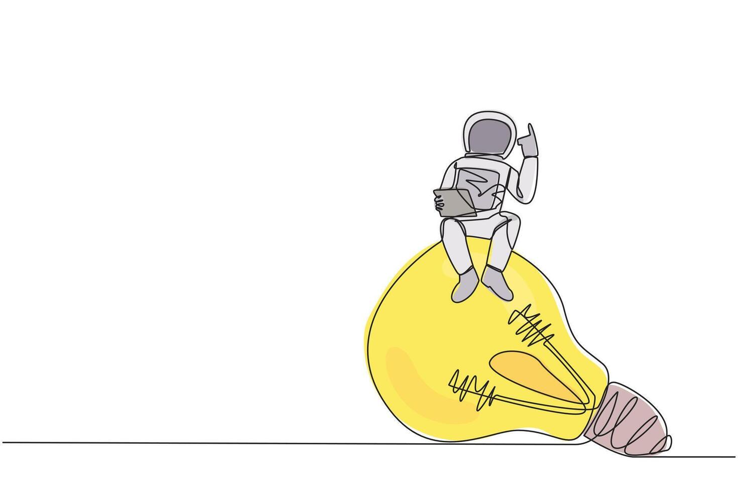 Continuous one line drawing young astronaut sitting on giant lightbulb holding laptop raise one hand. A gesture has the latest brilliant idea for an expedition. Single line draw vector illustration