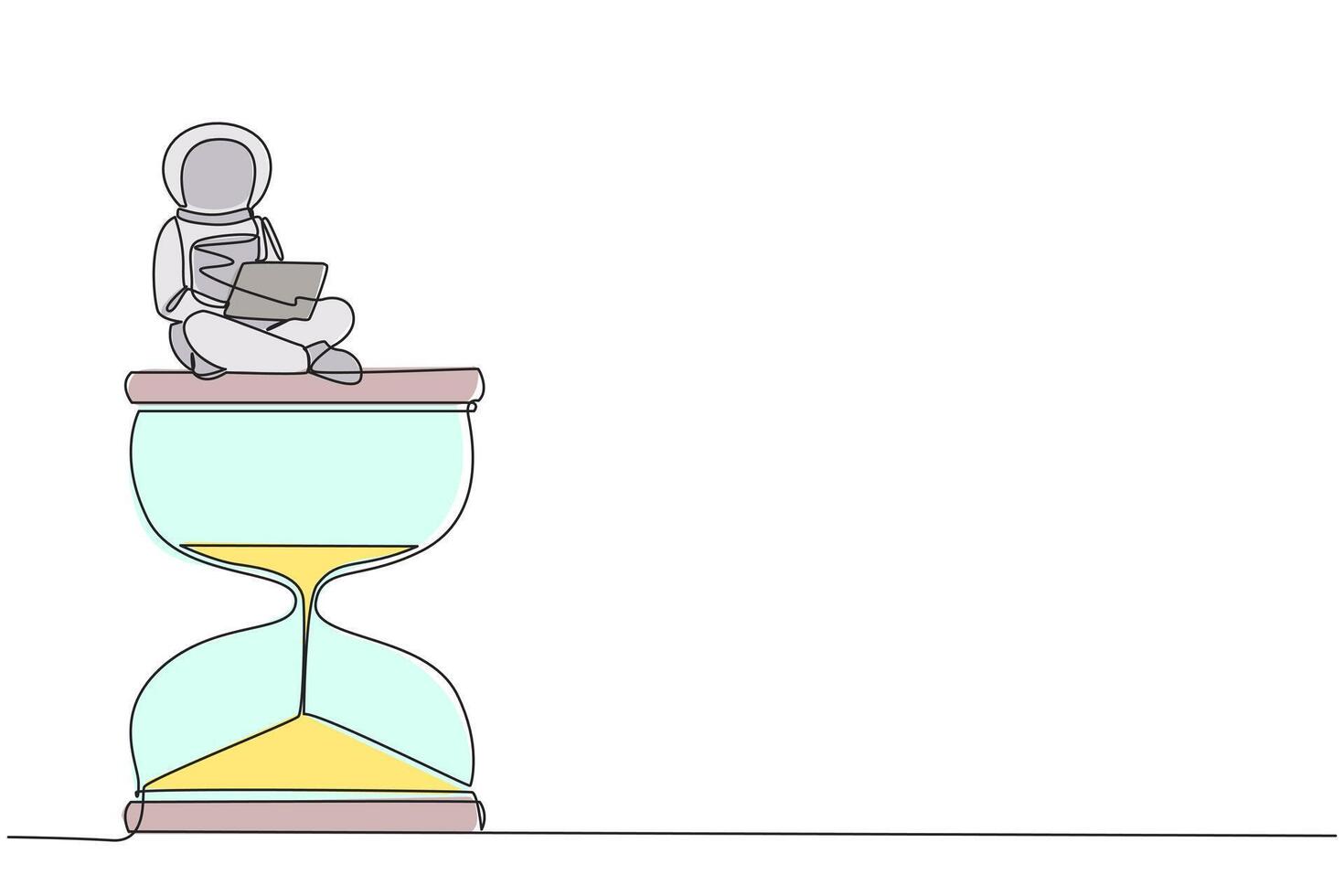 soltero continuo línea dibujo joven energético astronauta sentado en gigante reloj de arena mecanografía ordenador portátil. cuenta regresiva Hasta que el hora a regreso a tierra llega galaxia cósmico. uno línea vector ilustración