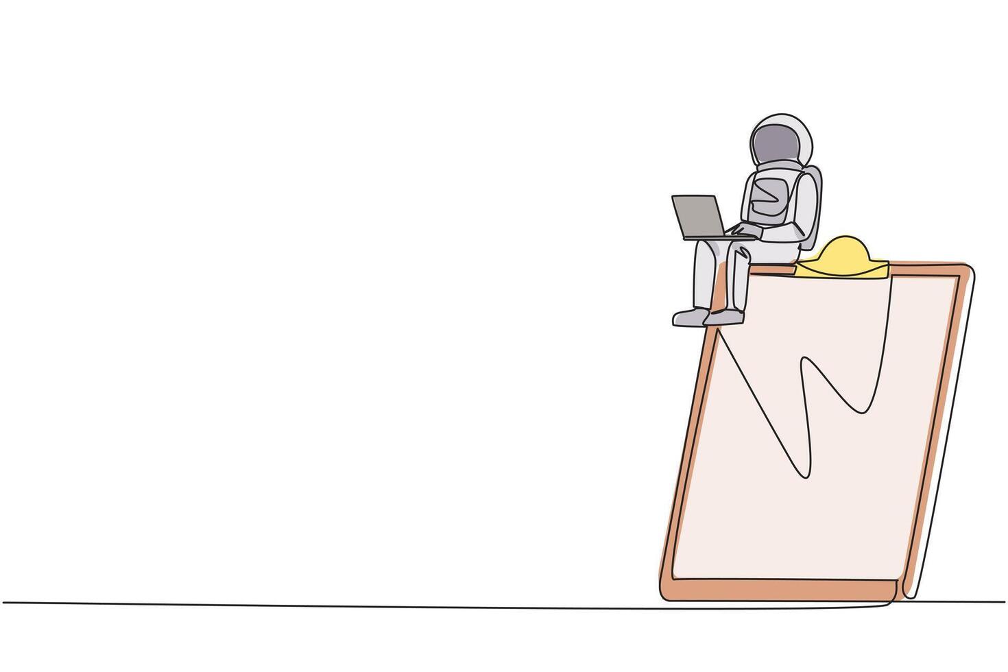 Single one line drawing young energetic astronaut sitting on giant clipboard typing laptop. Re-check the list of expedition work done. Cosmonaut deep space. Continuous line design graphic illustration vector