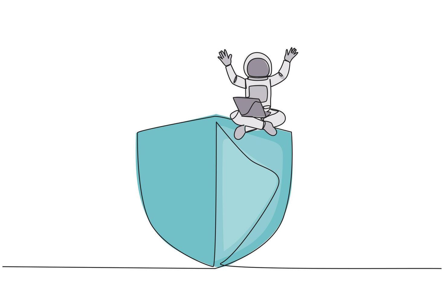 Continuous one line drawing young energetic astronaut sitting on giant shield holding laptop raise both hands. Managed to add protection before any damage would occur. Single line draw design vector