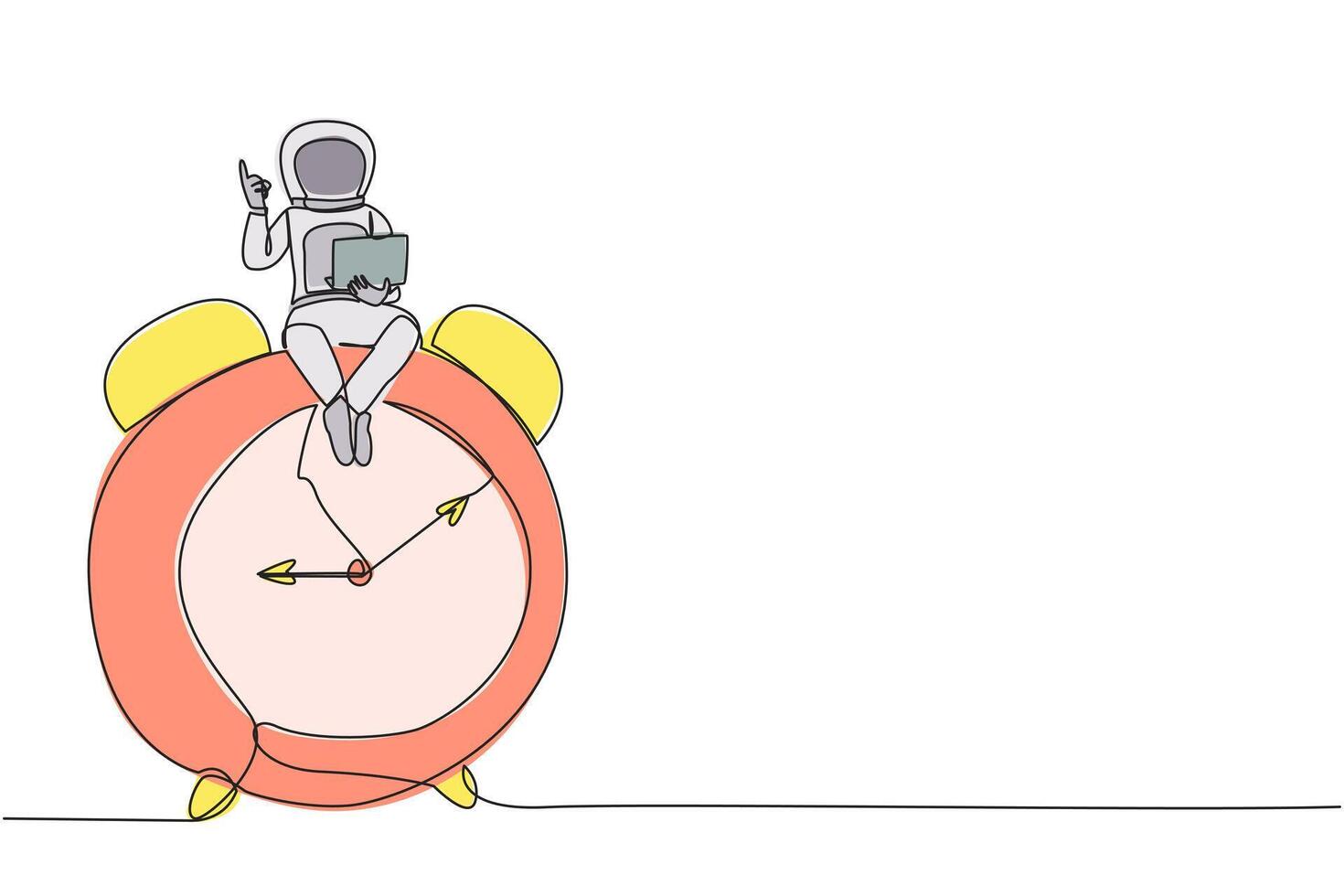 Continuous one line drawing young energetic astronaut sitting on giant alarm clock holding laptop raise one hand. Deadline work in spaceship launch planning. Single line design vector illustration