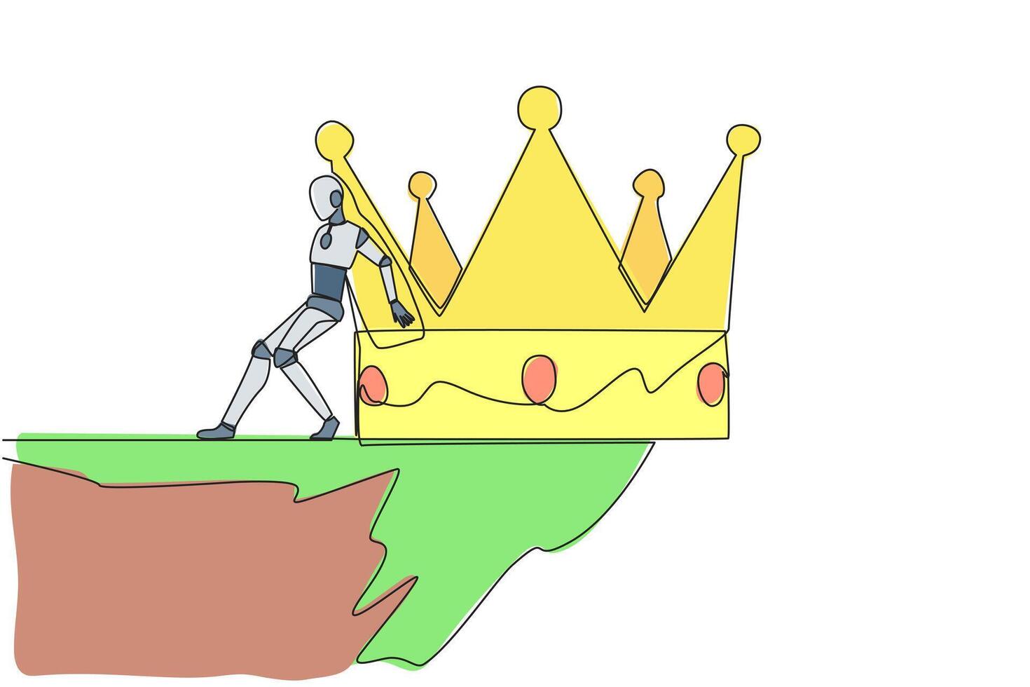 Continuous one line drawing robot pushes a large crown down on its back from the edge of the cliff. Throneless robot. Future technology development concept. Single line draw design vector illustration