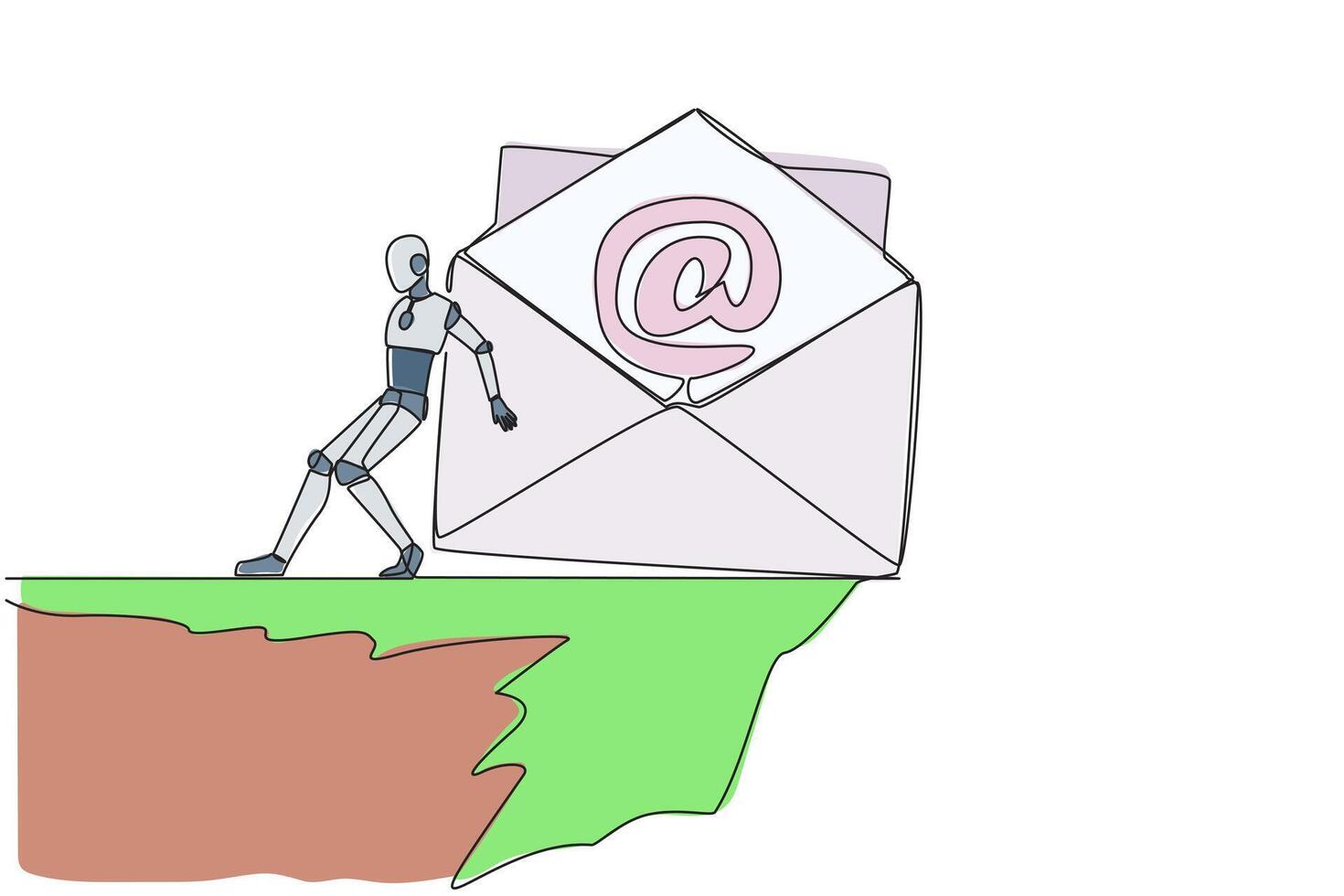 Continuous one line drawing robot pushes a large email icon down with its back from the edge of cliff. Throw away spam emails to the bottom of steep cliff. Single line draw design vector illustration