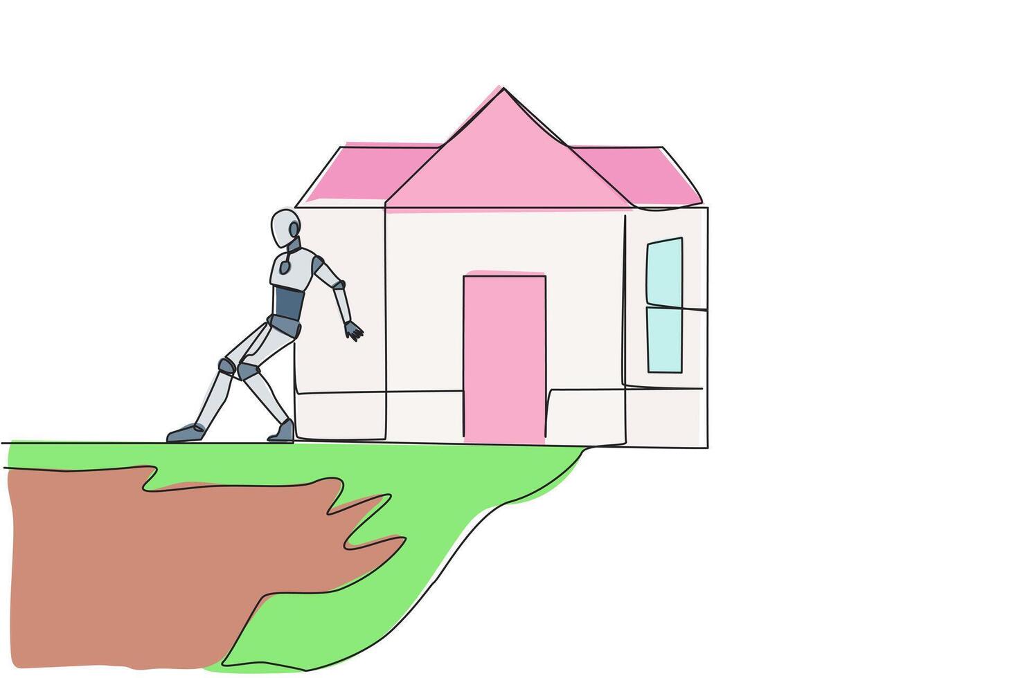 Continuous one line drawing robot pushes miniature house down with its back from the edge of the cliff. Robot training house. Future technology development. Single line draw design vector illustration