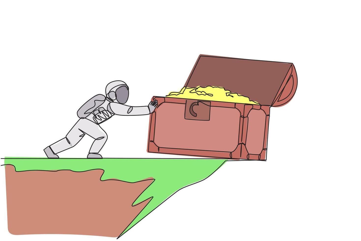 Single one line drawing astronaut pushes giant open treasure chest over the edge of cliff. Tough man in outer space. Cosmic galaxy space concept. Spaceman. Continuous line design graphic illustration vector